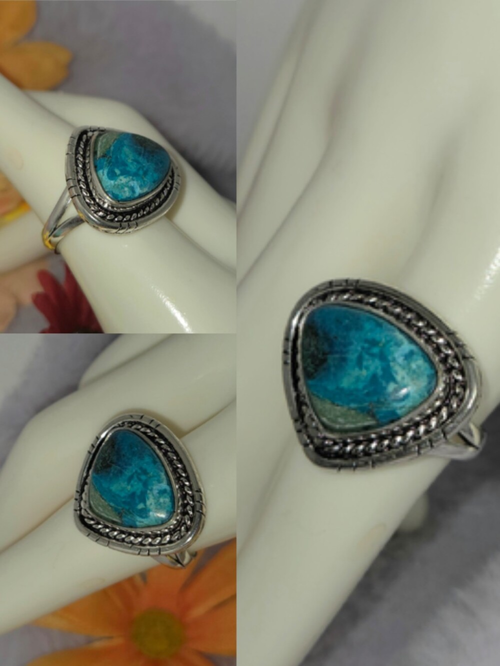 Memorizing Natural Shattuckite Gemstone Dainty Handmade Halo Ring - Picture 10 of 11